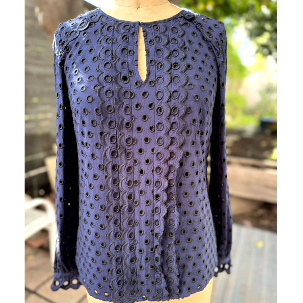 Boden Royal Navy Blue & Black Scalloped Eyelet Long Sleeve Top SZ UK 8 = US 4